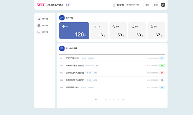 SECO 사내 개선 제안 시스템 평가자 메인